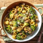 pesto pasta with sausage and broccoli